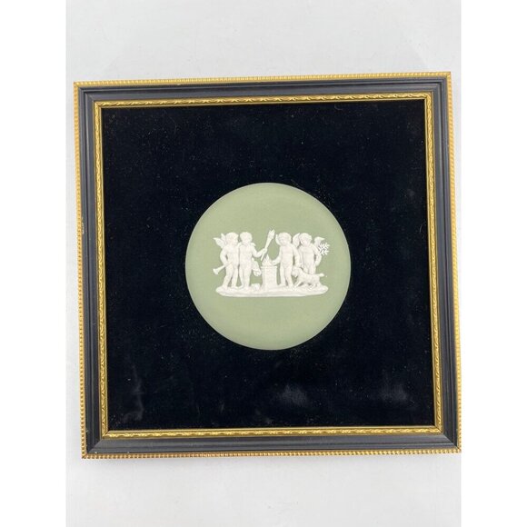 Wedgwood Green Jasperware Framed Dancing Hours Plaque  2 Cherubs Putti Plaques - Picture 2 of 16